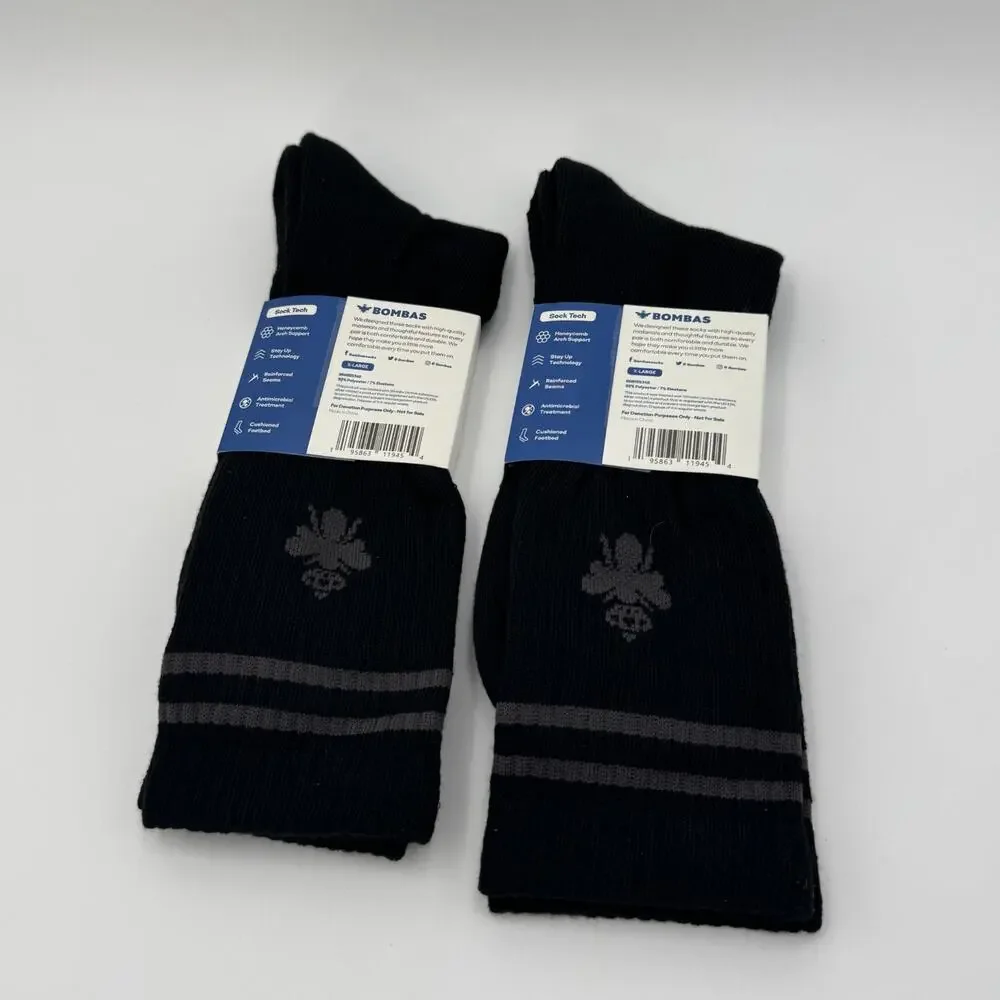 Bombas‎ XL Black Crew Calf Socks Cushioned Arch Support Athletic 2 Pair NEW